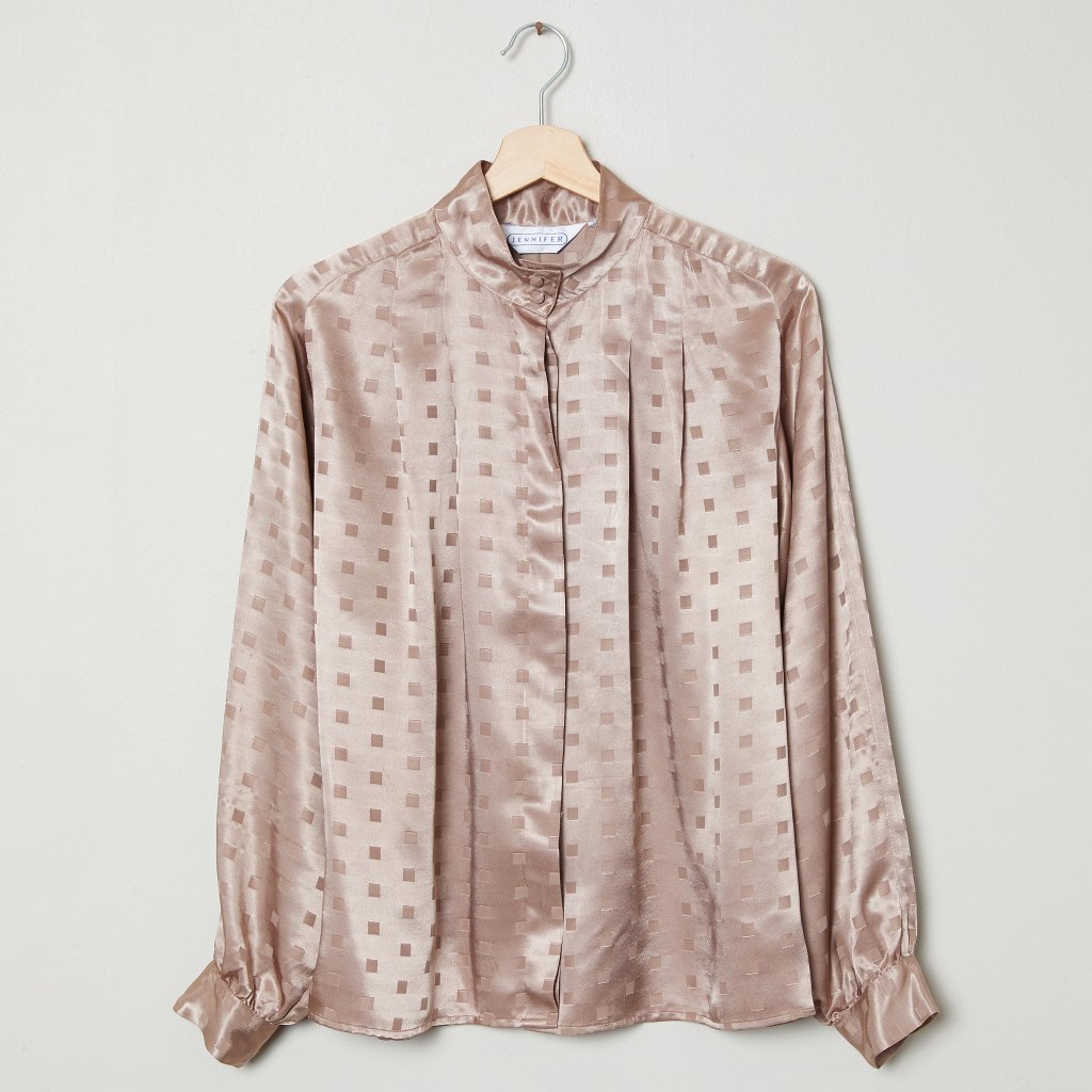 Vtg 80s Mauve Satin Check Blouse Xl